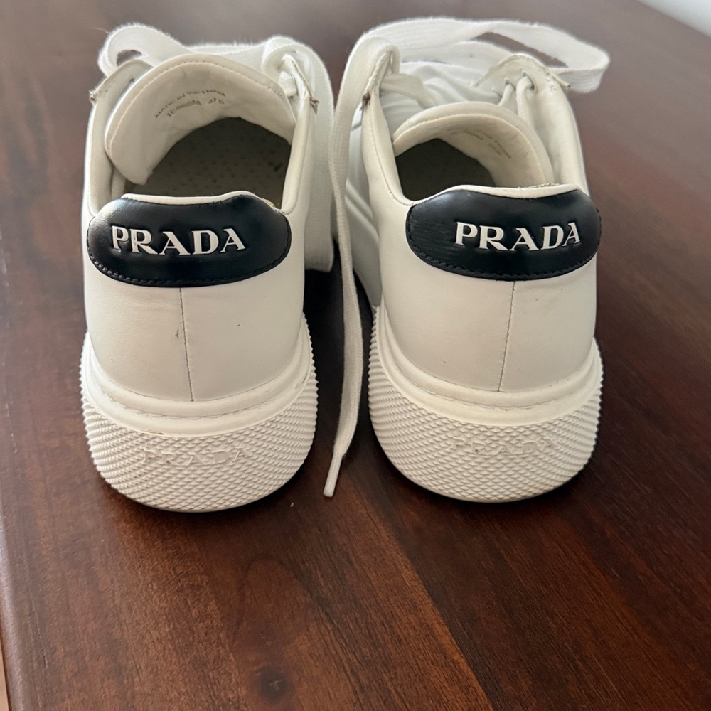 Prada White Leather Low-Top Sneakers with Black Heel - Picture 5 of 6
